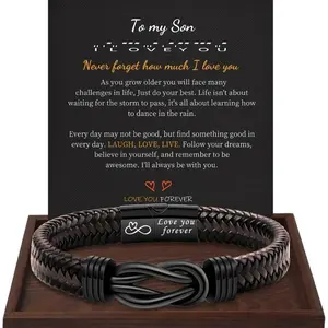 Stainless Steel Leather Bracelet To My Son To My Grandson To My Dad Braided Jewelry for Men Festival Gift Row Magnetic Closure
