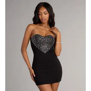 Love Game Rhinestone Heart Crepe Mini Dress