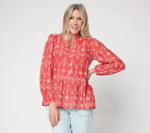 LOGO Lavish by Lori Goldstein Embroidered Long Sleeve Blouse