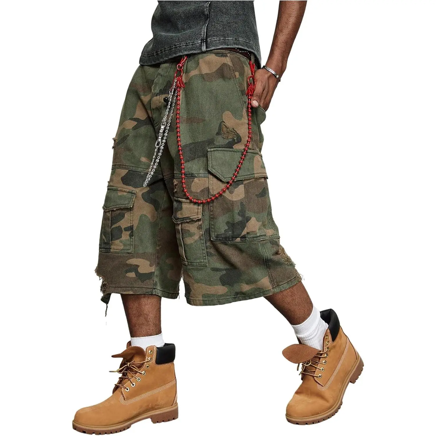 WDIRARA Men's Camo Cargo Denim Shorts Baggy Jorts Ripped Wide Leg Capri Jeans Streetwear