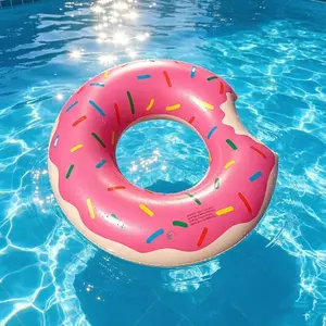PVC Inflatable Pink Donut Swimming Ring, thickened, wear-resistant, airtight, and fun beach floating device, swimming party toy, summer swimming float, inflatable cute pattern pool swimming ring, suitable for beaches and pools