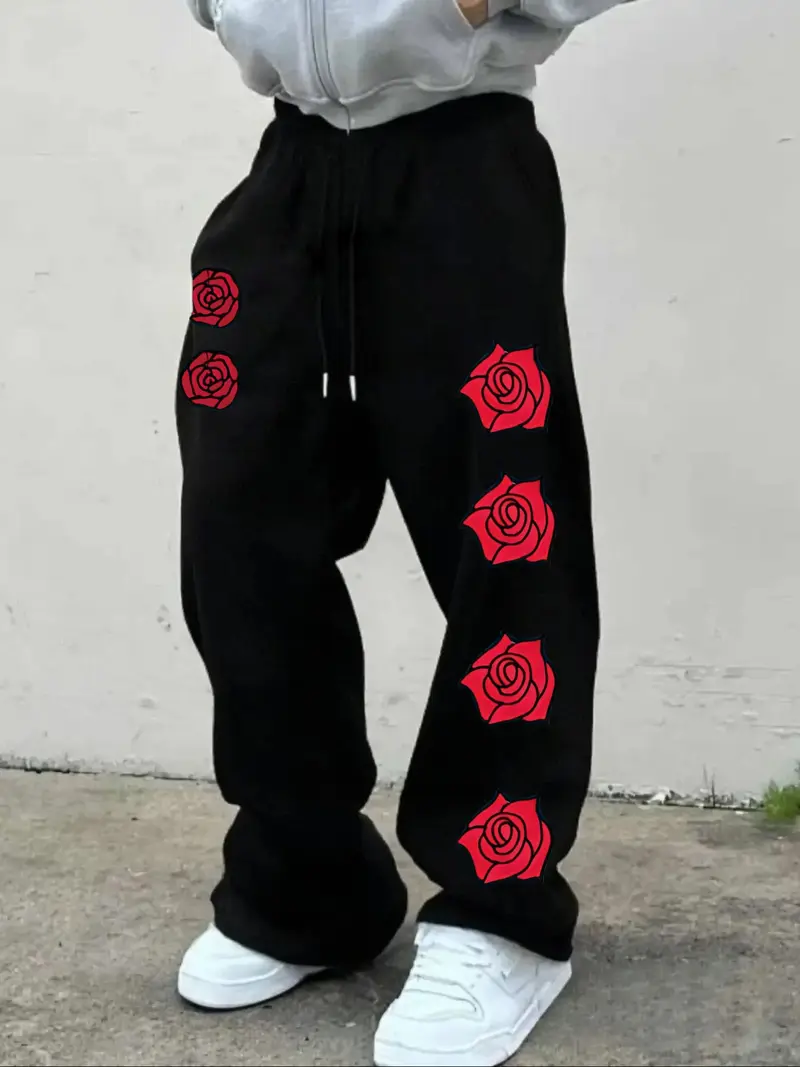 Men's Casual Sporty Long Pants, Rose Flower Pattern Print, Drawstring Wide Leg, Loose-Fitting, All Seasons Wear, Men's Fashion Pants