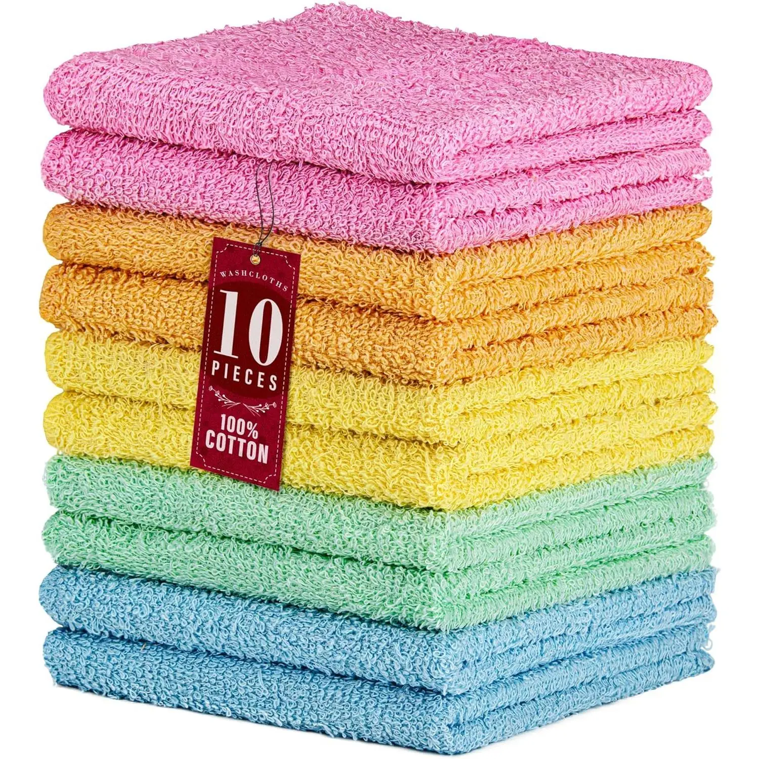 10-Pack Cotton Fiber Bath Washcloths, 12x12 in Luxurious Soft Assorted Set, Ultra Absorbent, Machine Washable for Bathroom Care