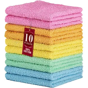 10-Pack 100% Cotton Wash Cloth Towels Assorted Set, 12x12 in Luxuriously Soft Ultra Absorbent, Machine Washable for Camping, Hiking