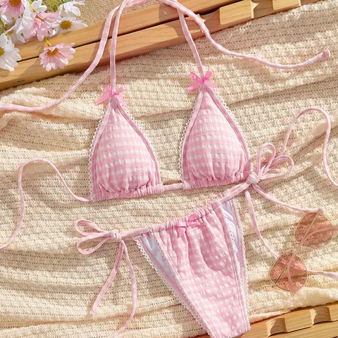 Two-piece Set Women's Bow Decor Tie Back Bikinis Set, Bathing Suit Bikini, Casual Fashion Chic Halter Bra & Panty Swimsuit Set, Ladies Swimwear for Beach Holiday Vacation, Style Bikini Set