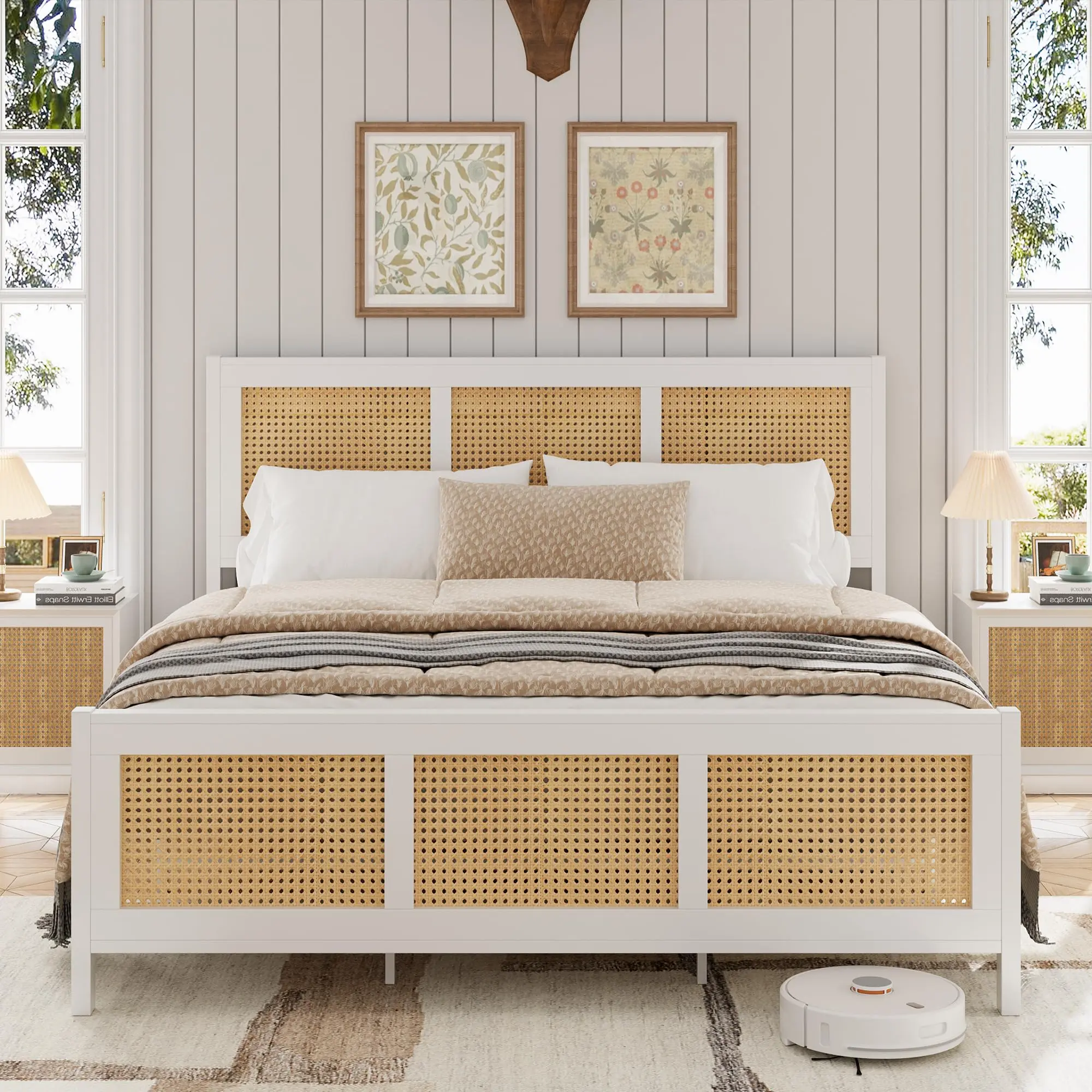 GARVEE Rattan Bed Frames in Queen, Full, and King Sizes with Elegant Headboards, Boho Cane Design, Strong Metal Slats, Noise-Free Construction, and No Box Spring Required for Stylish Bedrooms.
