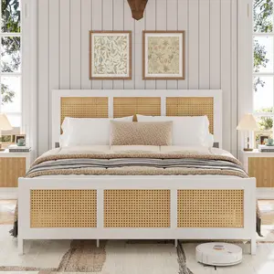 GARVEE Rattan Bed Frames in Queen, Full, and King Sizes with Elegant Headboards, Boho Cane Design, Strong Metal Slats, Noise-Free Construction, and No Box Spring Required for Stylish Bedrooms.