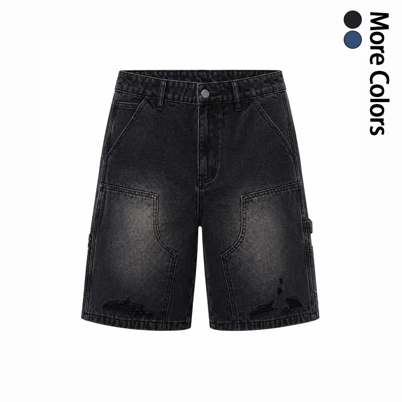 Men’s vintage workwear denim shorts, knee-length loose wide-leg cargo shorts with distressed worn details, street casual shorts
