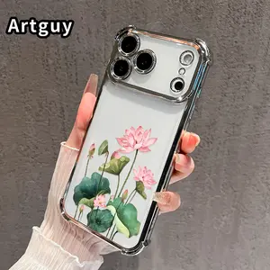 Compatible with iPhone 17 Pro Max 16 15 Plus Air 14 13 12 11 E Phone Case Lotus Elegance Bloom Four-Corner Drop-Resistant Electroplated Transparent TPU Soft Protective Cover Gift