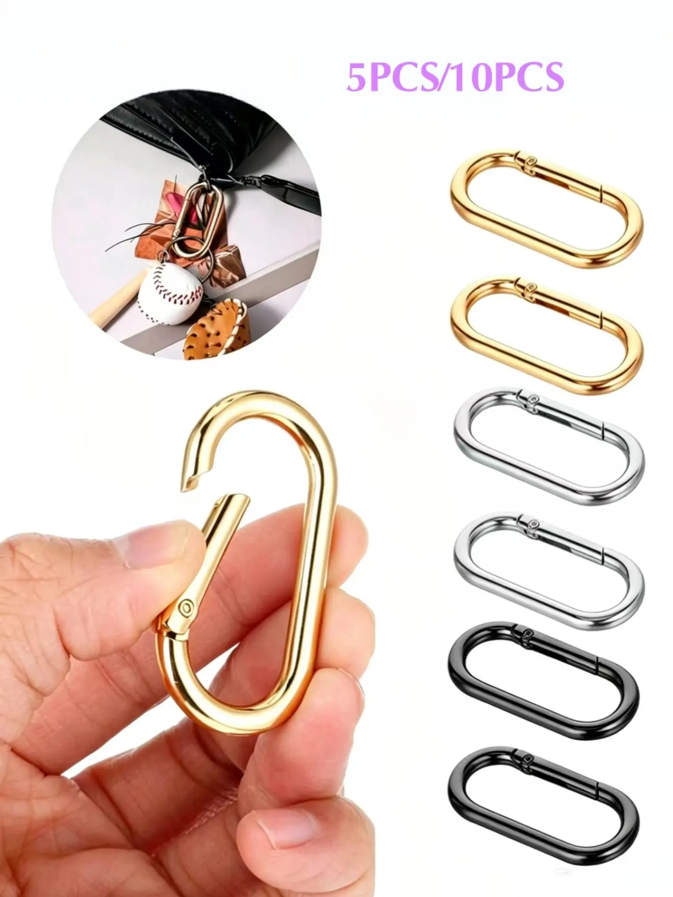 10 Metal Carabiner Hooks, Zinc Alloy Material, 1.93"x0.94" Size, Ideal for Outdoor Camping and Hiking, Suitable for Ropes, Chains, Keychains