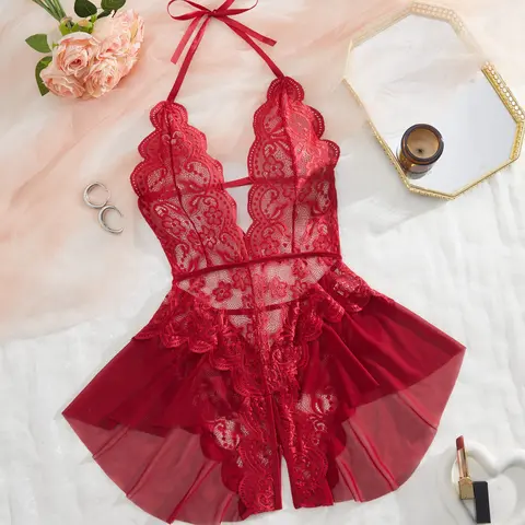 AESKEIA Women's Floral Lace Nylon Teddy Bodysuit - Sleeveless, V-Neck, High Waist, Off-Shoulder, Halter Backless, Breathable, Chic Plussize (S-4XL) Women's Fashion Lingerie, Red Girly Feminine Items, Elegant Valentine's Day Daily Wear, Do Not Dry Clean