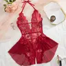 AESKEIA Women's Floral Lace Nylon Teddy Bodysuit - Sleeveless, V-Neck, High Waist, Off-Shoulder, Halter Backless, Breathable, Chic Plussize (S-4XL) Women's Fashion Lingerie, Red Girly Feminine Items, Elegant Valentine's Day Daily Wear, Do Not Dry Clean