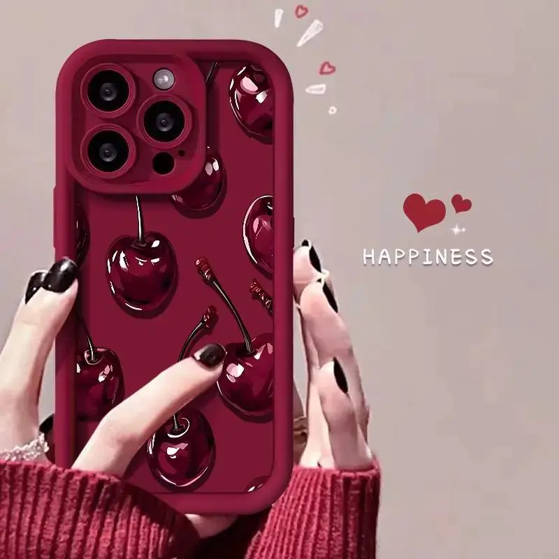 Sexy Wine Cherry Pattern Smartphone Casing, Soft Silicone TPU Shockproof Protection for iPhone 11 12 13 14 15 Pro Max 16 16Pro 17 17E Air Mini Plus Handheld Cellphone Devices (For Girls), Accessories