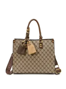 Large Capacity Geometric Pattern Bag with Decorative Scarf, Vintage Style Women's High Capacity Handbag, Fashionable Practical Daily Accessory