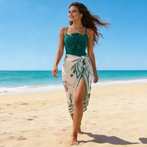 TRESCA Women's Green 2 Piece Swimsuit Set with Cover Up Skirt Twist Front One Piece Bathing Suit Beach Vacation