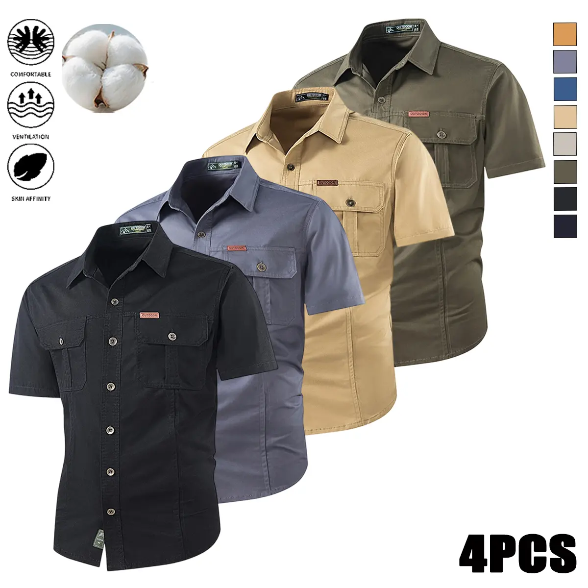 Men's 4-Pack Cotton Work Shirts - Tactical Short-Sleeve Button-Up Tops, Breathable Loose Fit, Double Chest Pockets for Outdoor Hiking, Business Casual Short-Sleeve Casual Shirts, Business Casual Short-Sleeve Causal Shirts