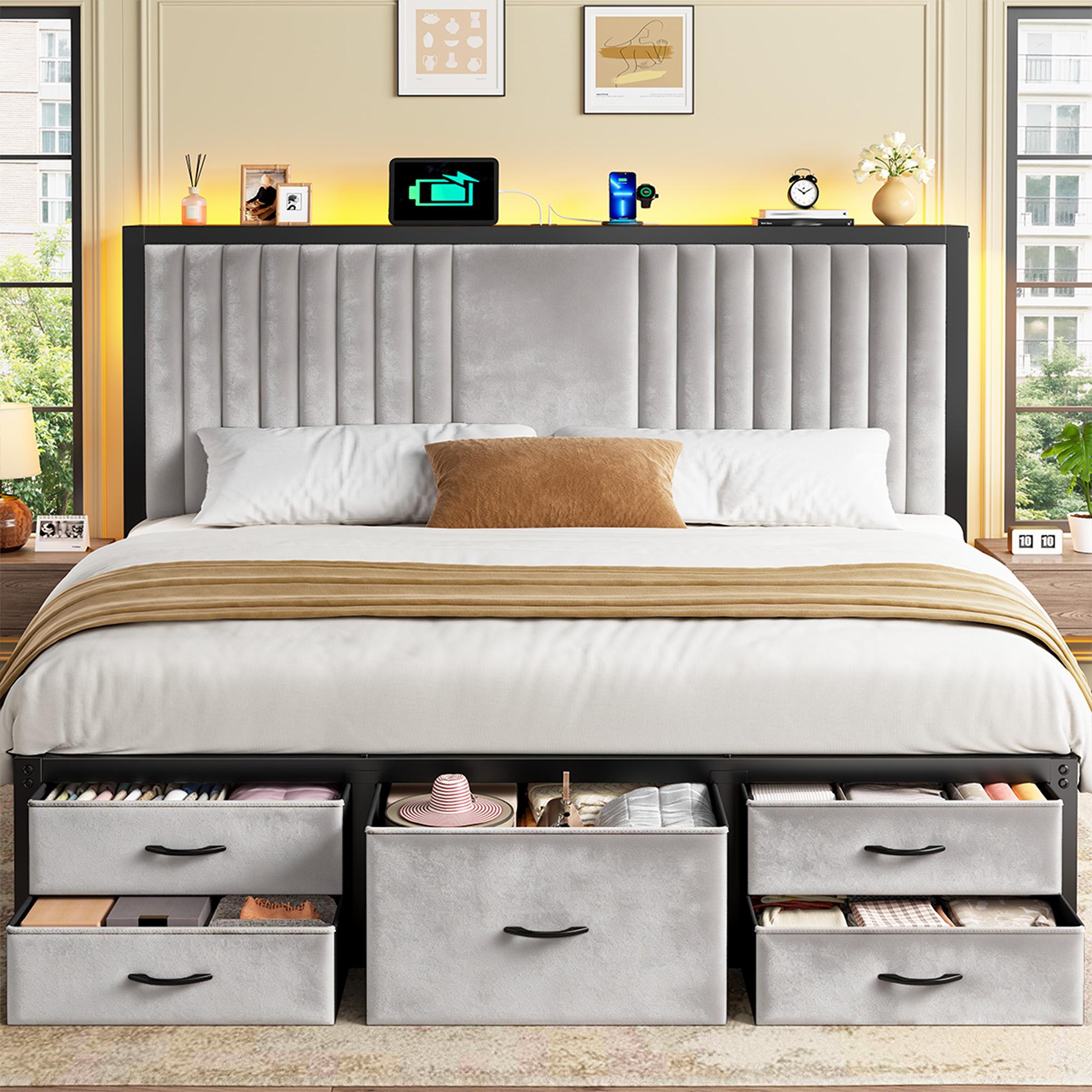 【Storage Bed】Modern King/Queen/Full Size Bed Frame with 5 Storage Fabric Drawers,Luxury Upholstered Platform LED Metal Bed Frame with Built-in Charging Station & Shelf on Headboard,13.39" Under Bed Space for Apartment,Dorms,Attic,Guestroom,838LBS Capacity