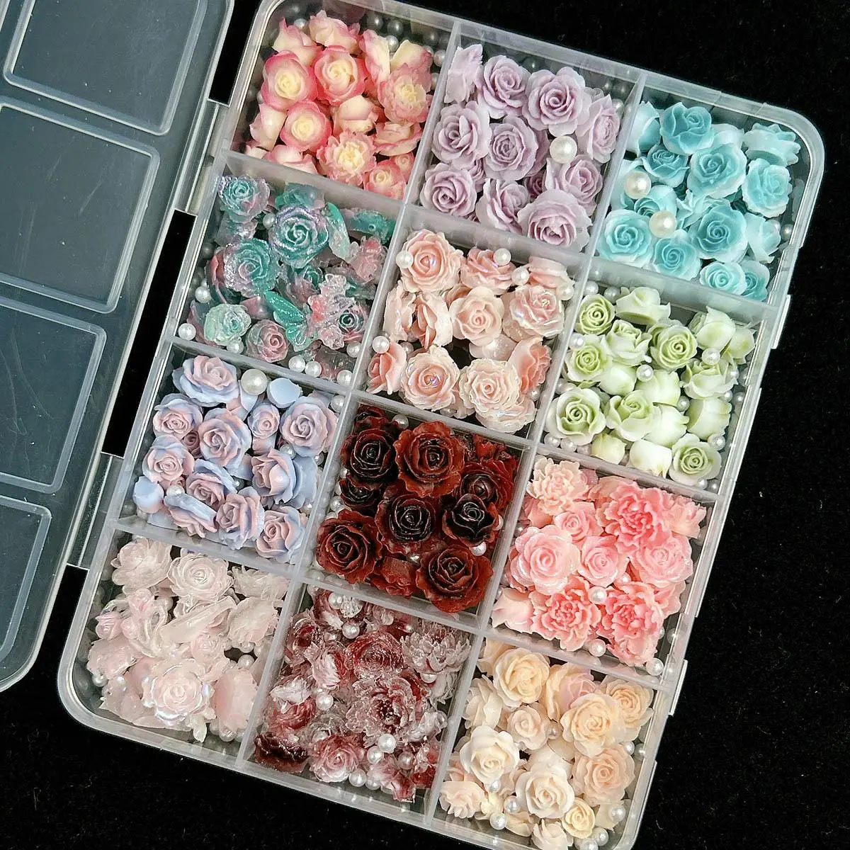 12Grid 3D Mixed Resin Rose Flower Nail Charms Spring Blossom Flatback Rhinestones Diy Kawaii Floral Nail Art Decorations