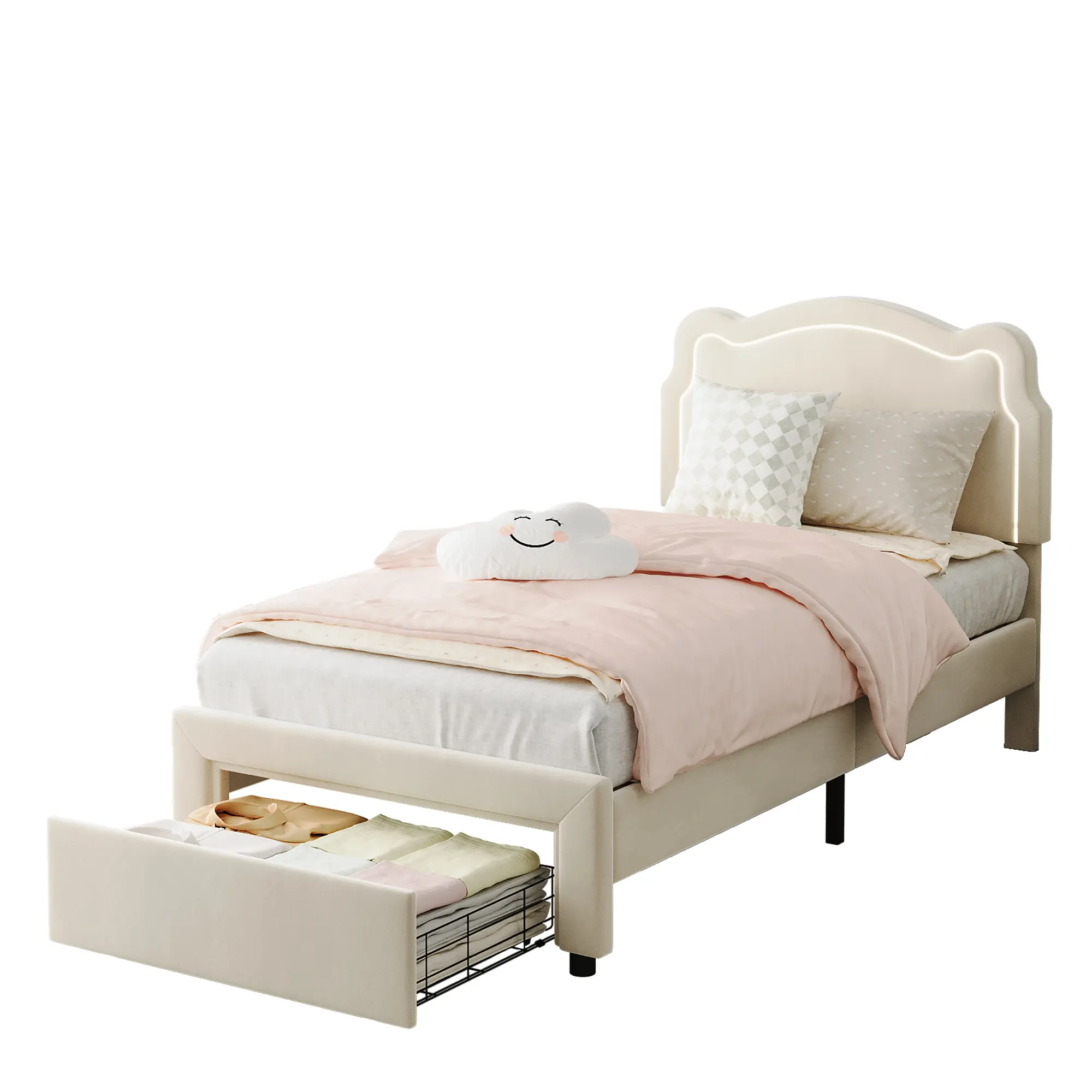 Twin Size Velvet-Wood-Sponge Kids Platform Bed, 78.7"x39"x9.5" Bear-Shaped Adjustable RGB LED Headboard, Noise-Free, No Box Spring Needed, Easy Setup, Pink