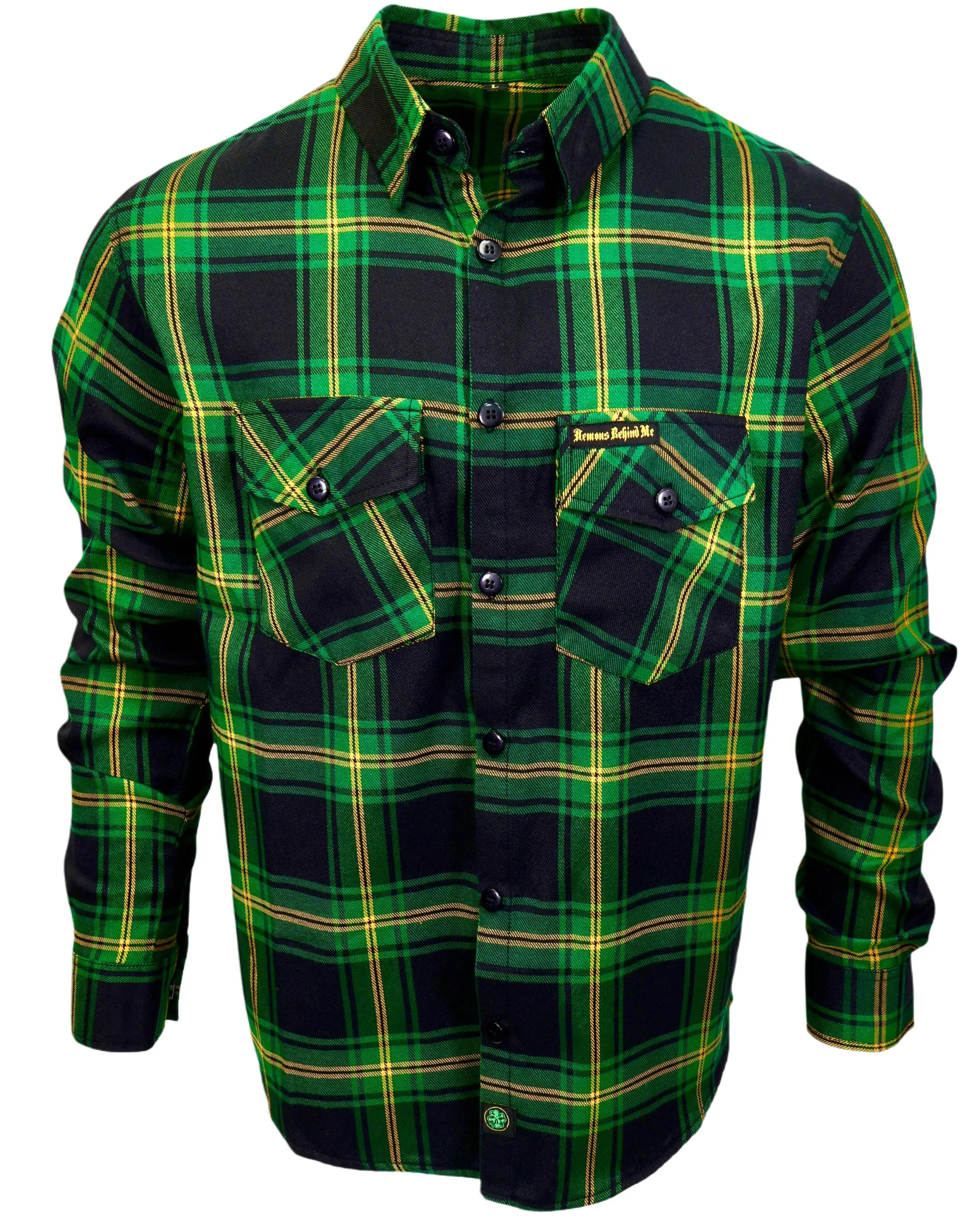 CLOSEOUT The "Lucky 2.0" Green, Black & Gold Clover Flannel (Hidden Snap Collar)