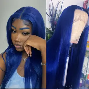32Inch Long Straight Synthetic Lace Front Wig for Fashion Women Blue Hair Color Heat Resistant Glueless Synthetic Lace Hair Wigs MIddle Part