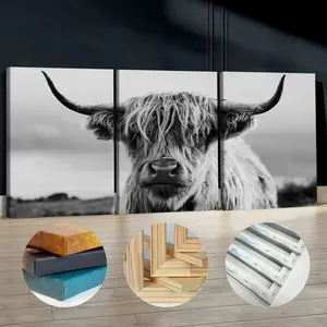 3Pcs Wooden Framed Canvas Painting, Black And White Highland Cow Portrait, Exquisite Poster, Home Decoration, Pattern Wall Art Decor, For Living Room, Bedroom, Office, Restaurant, Bar Wall Decor, Odorless, Painting, Print Artwork.