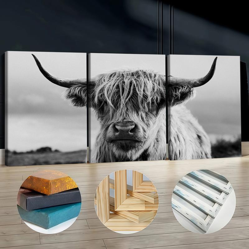 3Pcs Wooden Framed Canvas Painting, Black And White Highland Cow Portrait, Exquisite Poster, Home Decoration, Pattern Wall Art Decor, For Living Room, Bedroom, Office, Restaurant, Bar Wall Decor, Odorless, Painting, Print Artwork.