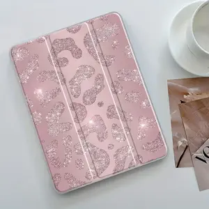 Pink Glitter Leopard Folding Stand Case for iPad, Transparent Acrylic Hard Back, Pencil Slot & Charger Slot, Scratch-Resistant Slim Protective Cover for iPad 10.2 2019/2020/2021, Mini, Pro, Air Scratch-resistant ultra-thin protective case Tablet Cover