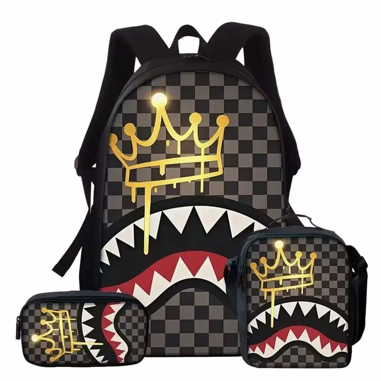 Camo Shark Student Backpack, Large Capacity School Bag, Lightweight Water Resistant Backpack for Teens, 1/2/3 Pieces