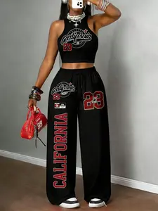 Women's Trendy Sleeveless Streetwear Set, Comfortable Fashion Activewear, Ideal for Daily Wear, Casual Loose-Fitting Suit, Letters Print Pattern