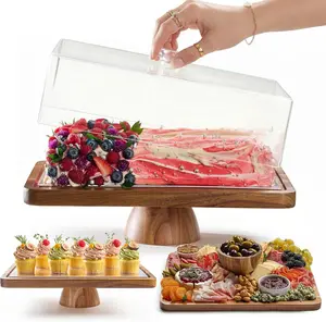 Acacia Wood Cake Stand with Lid - Rectangular Cake Holder, 2-in-1 Dessert Table Display Set & Charcuterie Board for Cheese, Chips, Fruit Platter, Large Acrylic Cake Dome Cover, No Glass