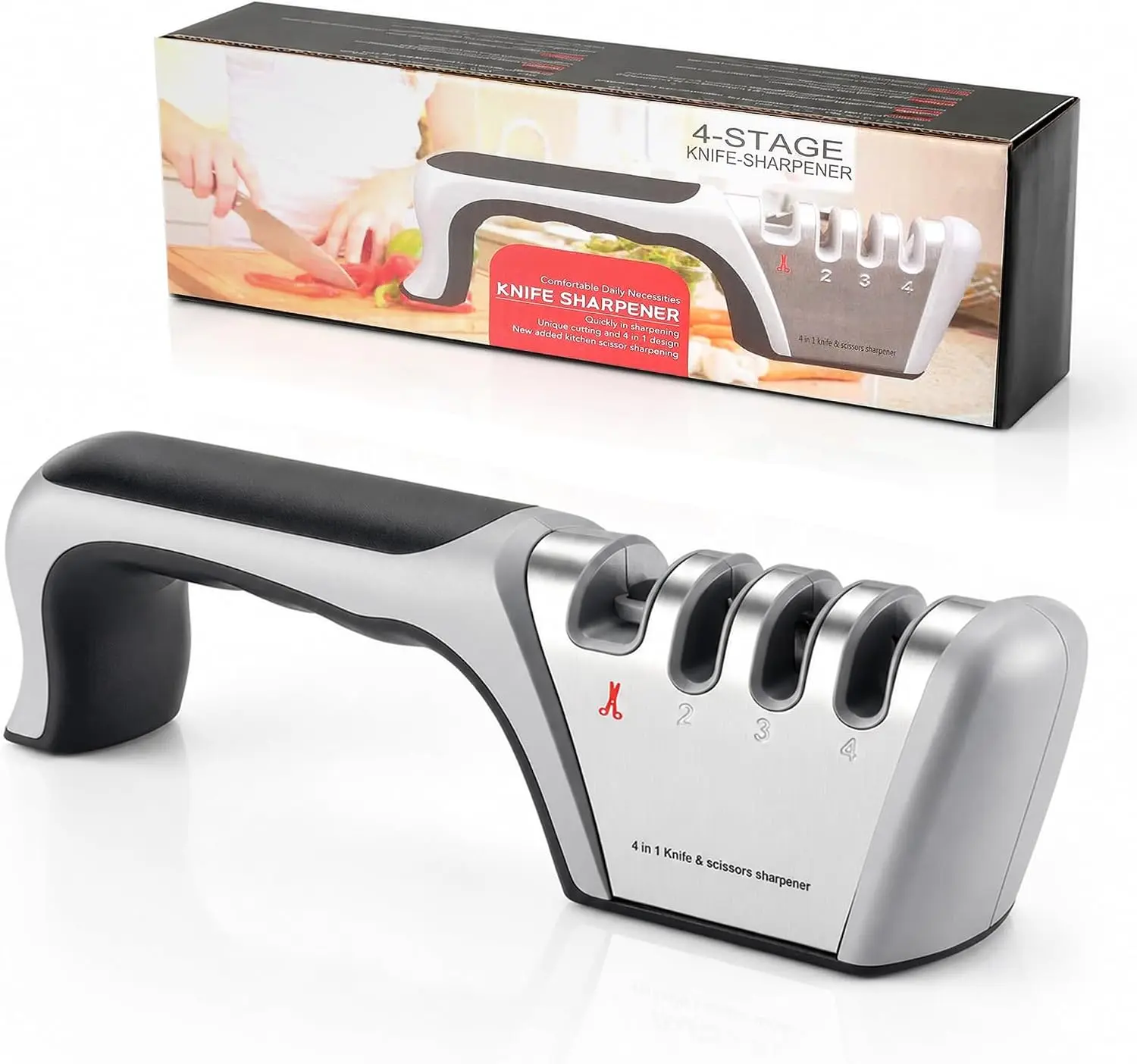 4-stage multi-functional knife sharpener with anti-cut gloves. Efficiently sharpens dull blades, safe & easy for home use, works for most knives and scissors, black & silver finish