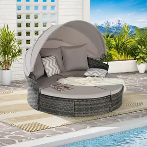 ARCH 5 Pieces Outdoor Patio Round Daybed Furniture,Wicker Conversation Set with Retractable Canopy, Soft Cushions, and Storable Table for Leisure in Porch Backyard
