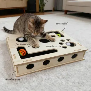 Wooden Cat Puzzle Box With Balls Interactive Enrichment Toy For Indoor Cats Scratching Pad Teaser Toy For Boredom Relief Includes 2 Catnip Balls & 3 Toy space-saving design scratcher playful condo furniture scratch post,summervibes