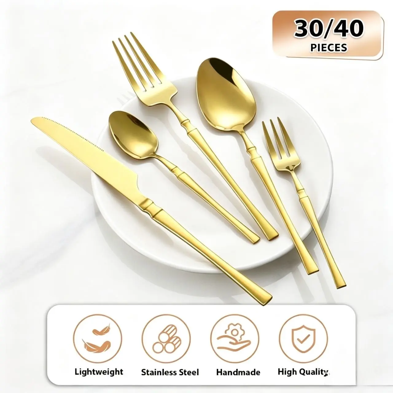 30/40 Pcs Gold Stainless Steel Flatware Set, Mirror Polished Silverware Cutlery Set, Dinner Knife Fork Spoon Set, Luxury Tableware for Home Kitchen, Wedding, Banquet clear dessert Coffee postres