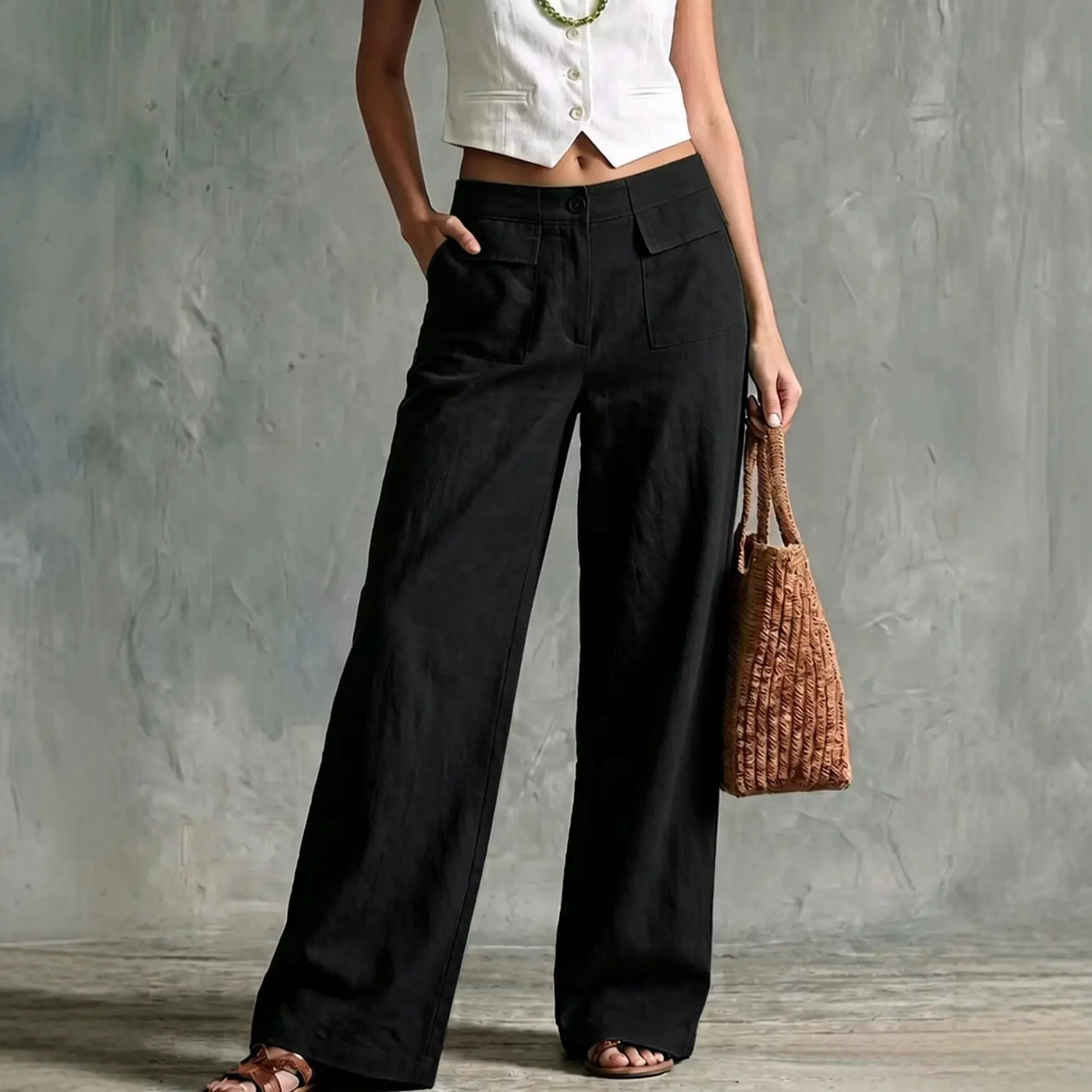 Women's Vintage Linen Cargo Wide-Leg Pants - High-Waist, Relaxed-Fit, Pocketed, Lightweight Basic for Summer Casual Vacation