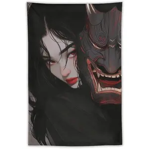 Anime Mask Samurai Girl Tapestry Wall Art Cool Asian Japanese Wall Decor for Bedroom Home Office Living Room Decor Men Women Wall Hanging Tapestry