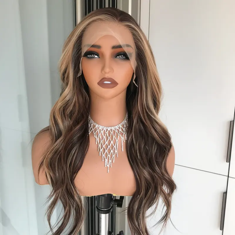 AISOM Jemma Sunlit Mocha Long Body Wave 13x4” Free Part Lace Front Wig with Scandinavian Hairline 24 Inches Low Density Heat Friendly Synthetic Wig
