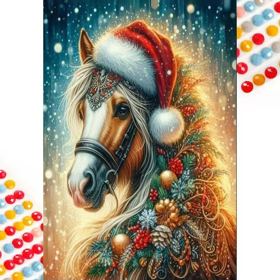 5D DIY Full Drill Round Diamond Painting - Diamond Art Kit Christmas Horse Head Mosaic, Canvas - DIY Decorative Painting, Home Wall Decor, Craft, Suitable for Halloween and Christmas, Birthday and Anniversary Gifts, Handmade Gifts