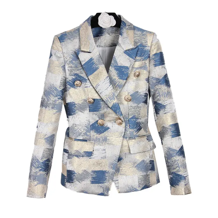 Silver and Blue Checkered Double Breasted Elegant Women Blazer