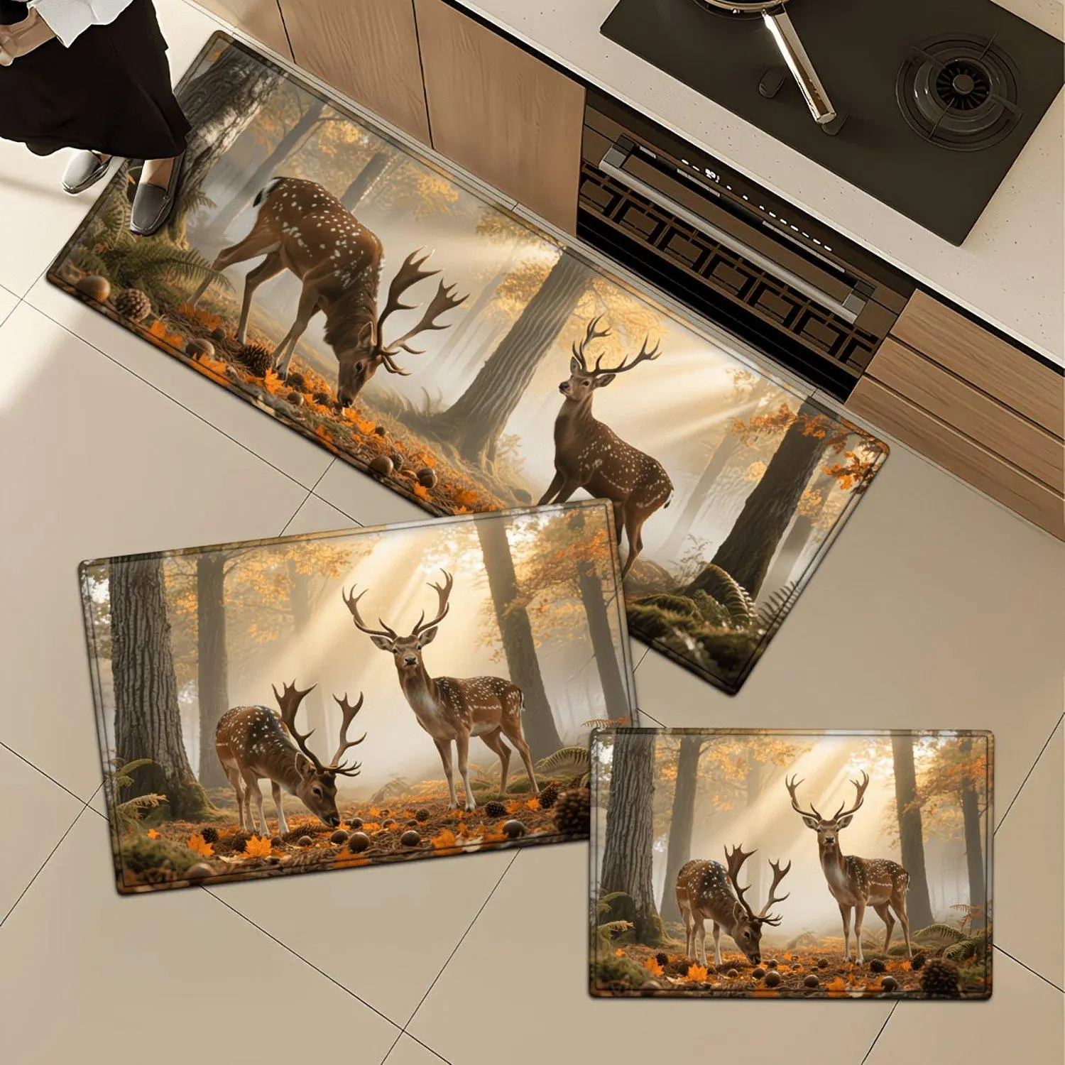 Autumn Forest Deer Flannel Floor Mat Soft Absorbent Suitable Entryway Machine Washable Deer Themed Woodland Style Rug and Decorative Cozy Floor Covering