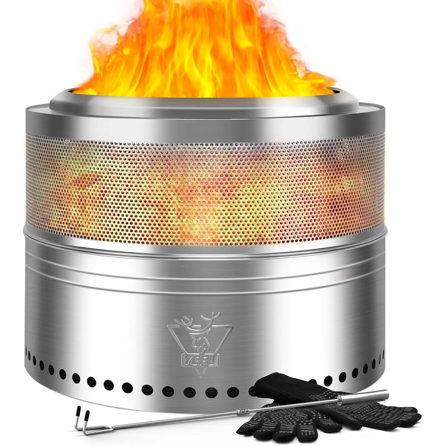 20-in Eco-Friendly Smokeless Burn Round Metal Firepit, Stainless Steel Wood-Burning Portable Outdoor Fireplace with Removable Ash Stand, Heat-Resistant Gloves, Fire Poker, Fire Ring, Waterproof Bag for Friends Camping Backyard Heating, Family, Safe, Easy