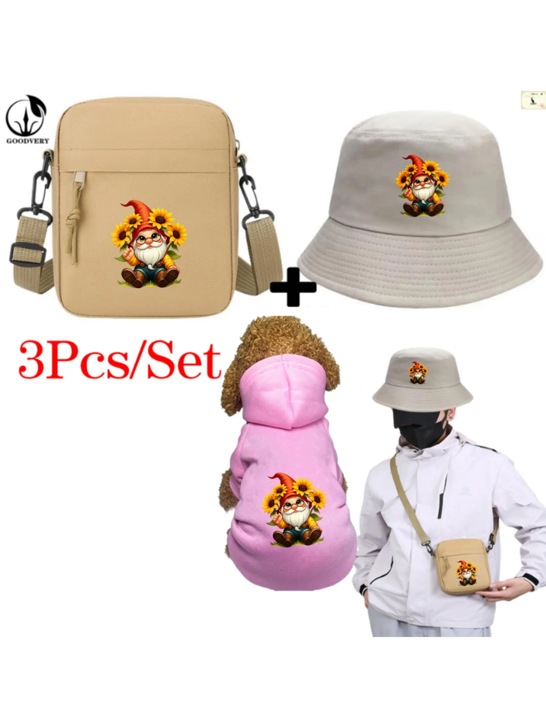 Watercolor Honey Bee Gnome Clipart Print, Pet Hoodie and Fisherman Hat and Crossbody Bag Three-in-one Combination, Universal for Men and Women, New Style of Pet Hoodie, 3Pcs Suit Stylish Hat Crossbody Bag Pet Hoodie Suit
