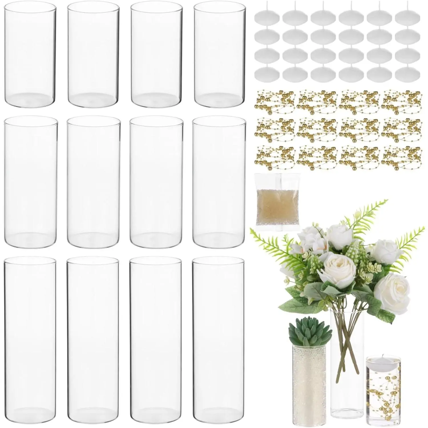 12 Set Floating Candle Vases for Centerpieces - Including 3 Sizes Cylinder Vases, Floating Candles, Golden Beaded Lines, and Absorbent Beads for Wedding, Party,  Decoration