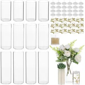 12 Set Floating Candle Vases for Centerpieces - Including 3 Sizes Cylinder Vases, Floating Candles, Golden Beaded Lines, and Absorbent Beads for Wedding, Party,  Decoration