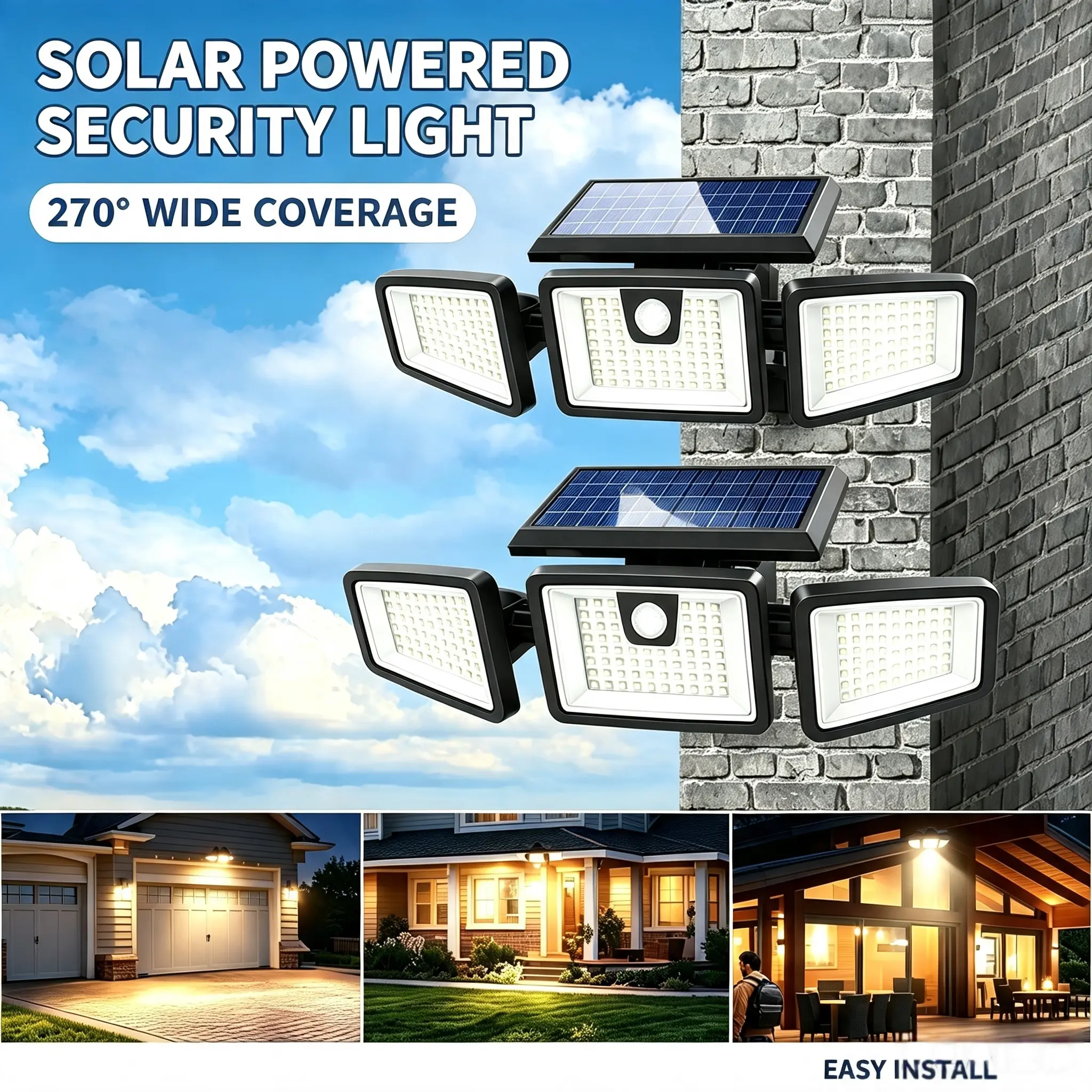 216-LED Solar Security Flood Light - Motion Sensor, Remote Control, 3 Adjustable Light Heads, IP65 Waterproof Outdoor Solar Lamp For Outdoor Spaces, Garage, Porch