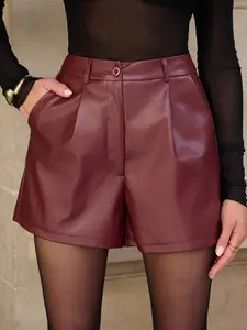 Lavishia Women's Retro Fashion Commuter Wine Red PU Shorts Christmas Clothes Burgundy Shorts New Year Look