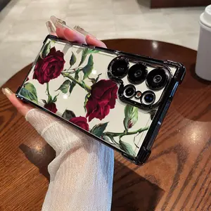 Designed for  S25 Ultra/S24/S23/S22 Plus phone case Electroplating luxury transparent four corner anti drop and shockproof phone case. Rose pattern phone case-mghsx003