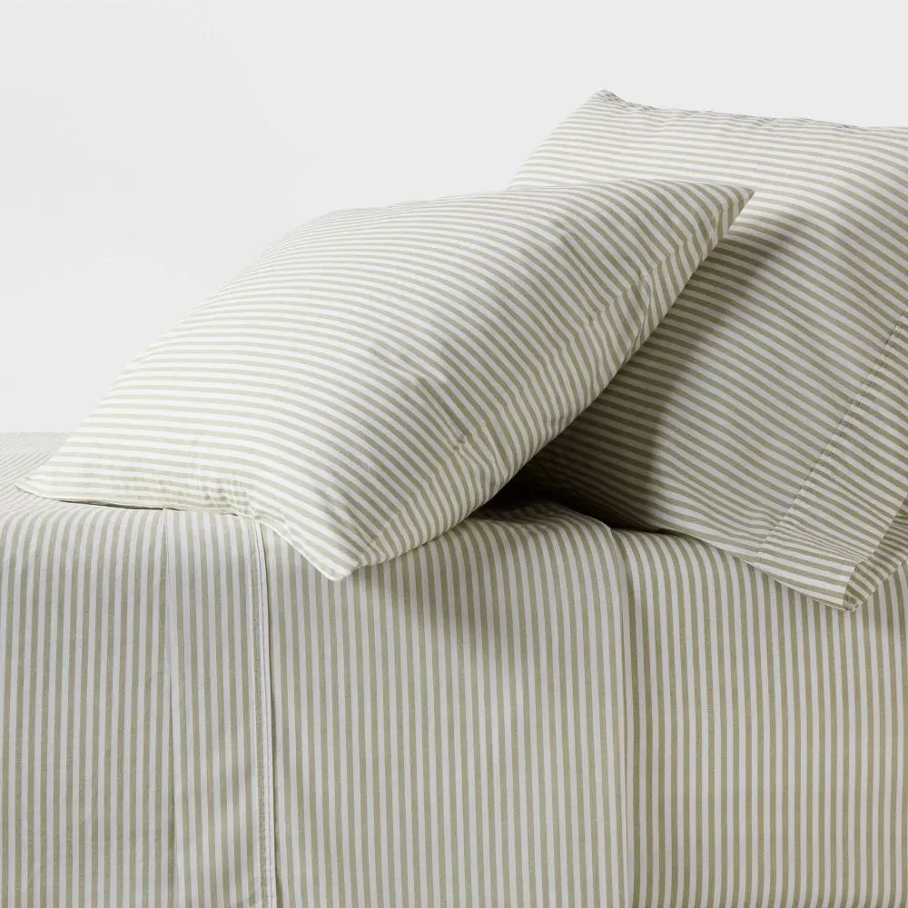 Queen 250 Thread Count Organic Percale Sheet Set Sage Green Stripe - Threshold: GOTS & OEKO-TEX Certified Includes 4pc