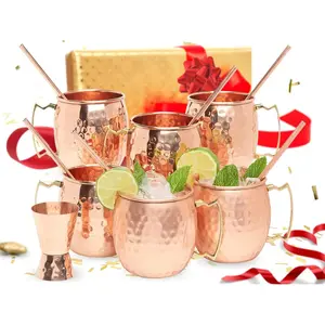 [ Set] Moscow Mule Copper Mugs Set of 6 (16oz) w/Straws & Jigger |  Pure Copper Cups, Tarnish-Resistant  Grade Lacquered Finish,  Handle (No Rivet) w/Solid Grip